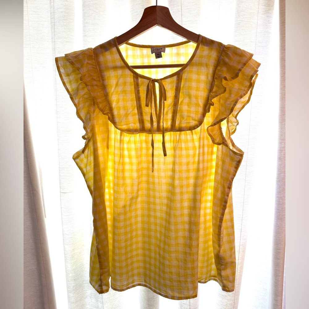 J. Crew Yellow Gingham Flutter Top with Bib Trim and Ruffled Sleeves XL